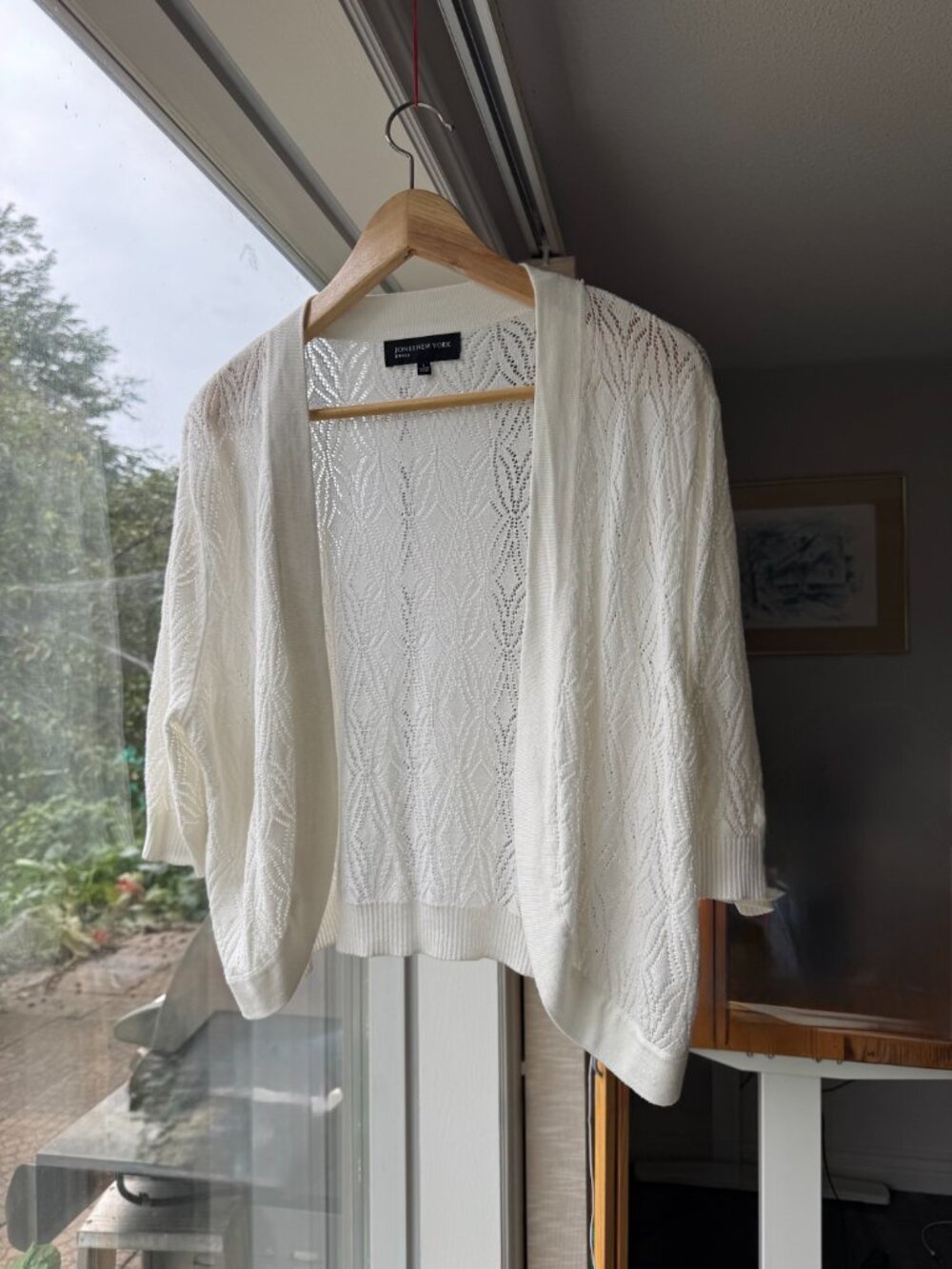 Jones New York Ivory Lace Knit Open Front Cardigan Sweater L